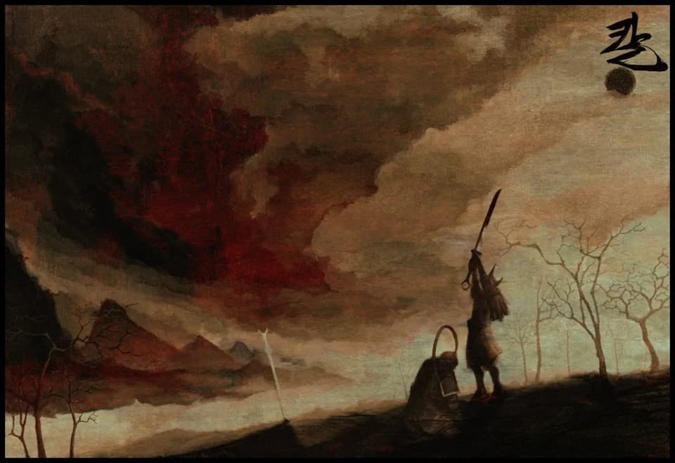 Ink-painted KalOnline landscape with a warrior raising a blade under a red sky